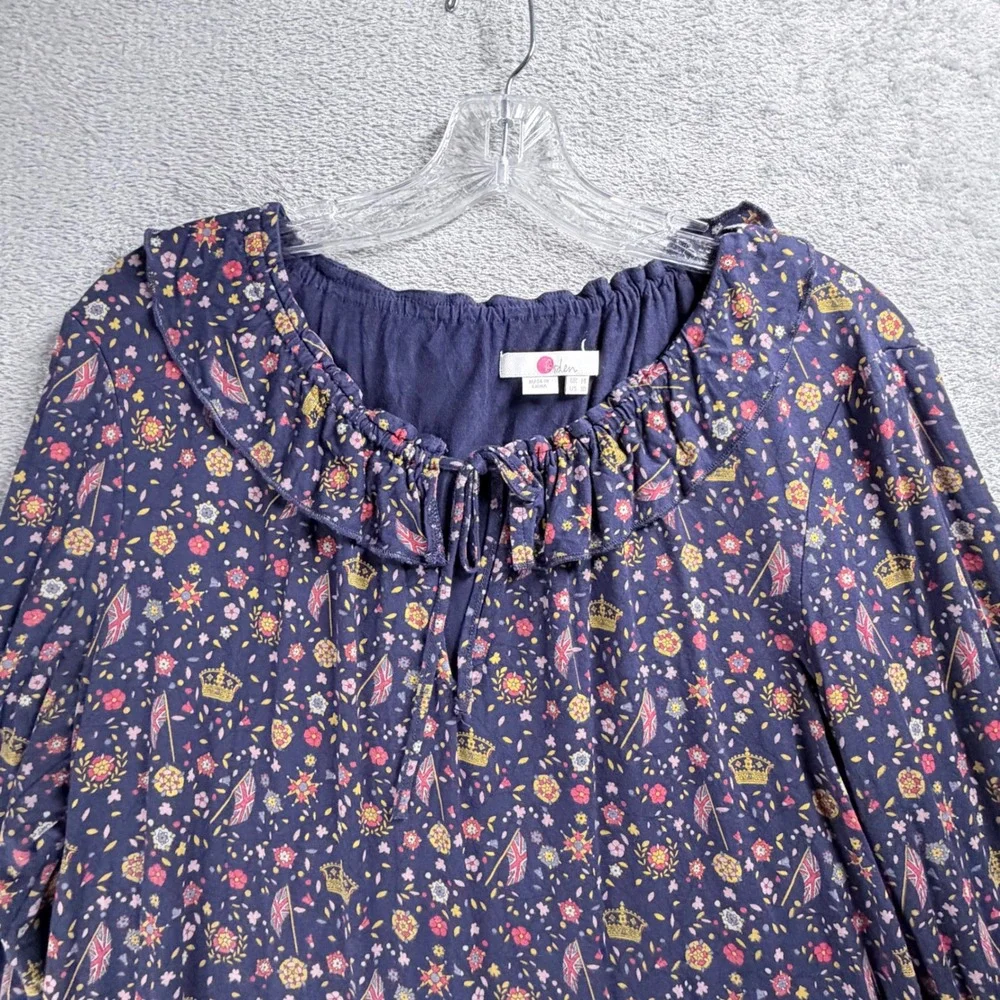 Boden Catriona Ruffle Keyhole Top French Navy Ditsy Floral Long Sleeve Crown